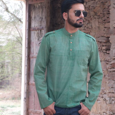Grass Green band collar short kurta.